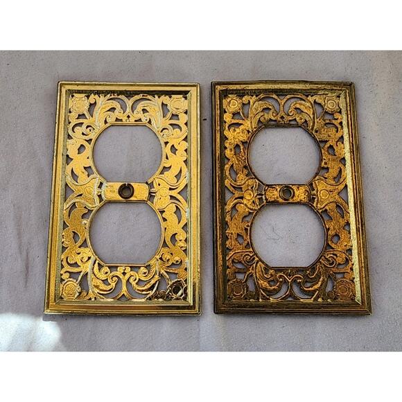 MCM Bronzed Metal Filigree Outlet Socket Covers Lot of 2 Set 1940s Vintage Rare - Picture 3 of 3